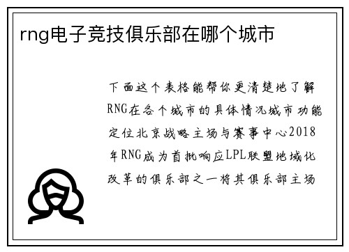 rng电子竞技俱乐部在哪个城市